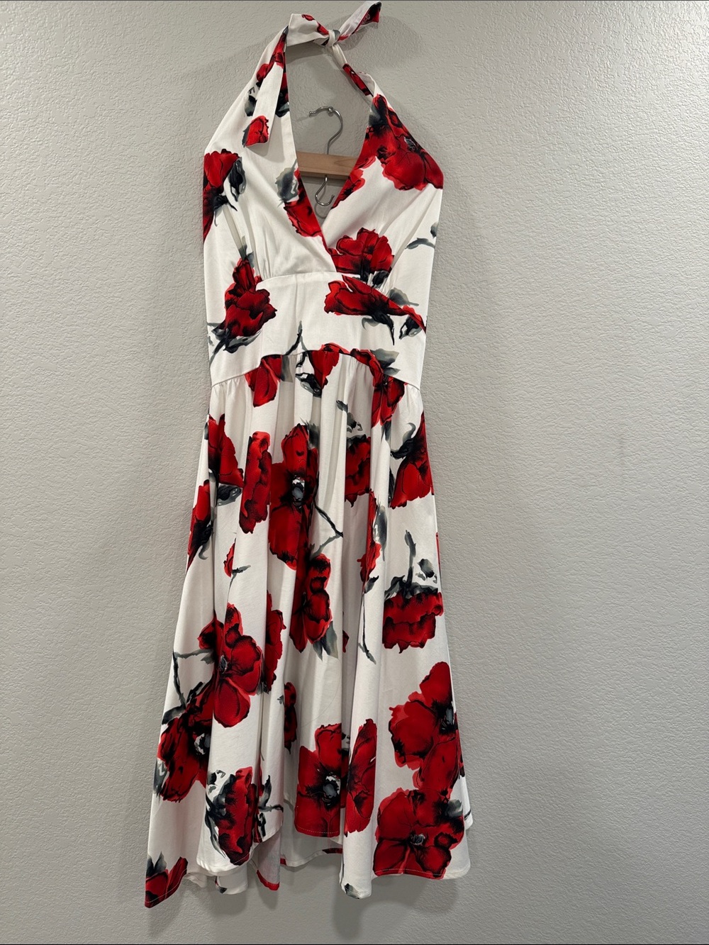 Stop Staring White Halter Midi Dress with Red Floral Print